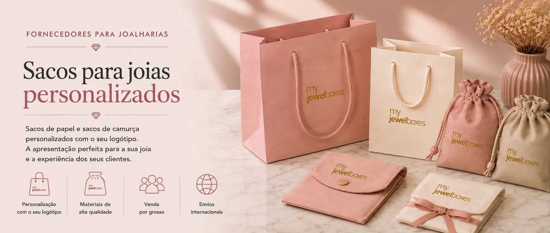 Sacos para joalharia personalizados em papel e camurça com logótipo MyJewelBoxes
